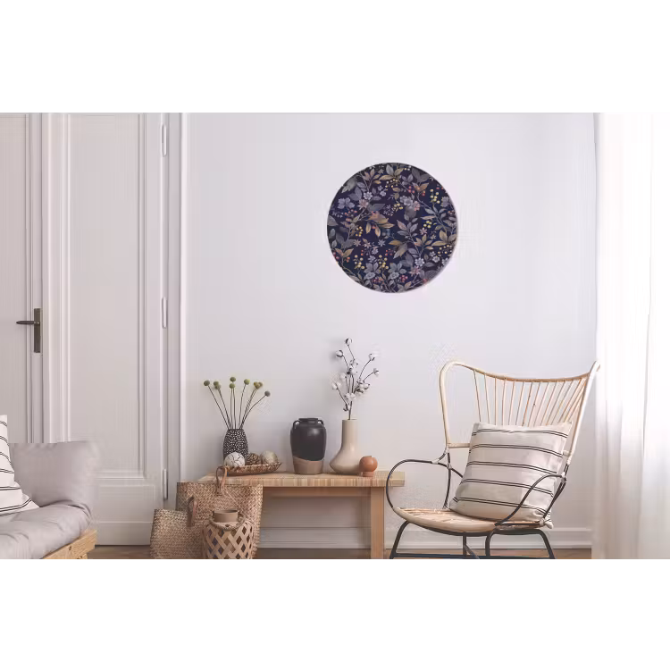 Bloemen - Bladeren - Patroon - Botanisch - Donkerblauw Wandcirkel aluminium klein -woonkamer