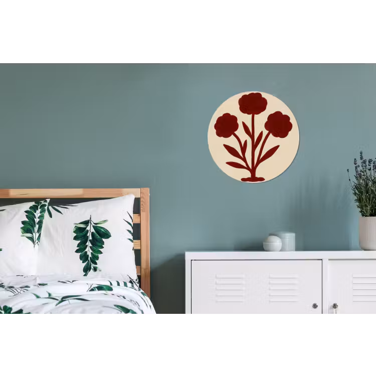 Bloemen - Bladeren - Rood - Minimalistisch Wandcirkel aluminium klein -slaapkamer