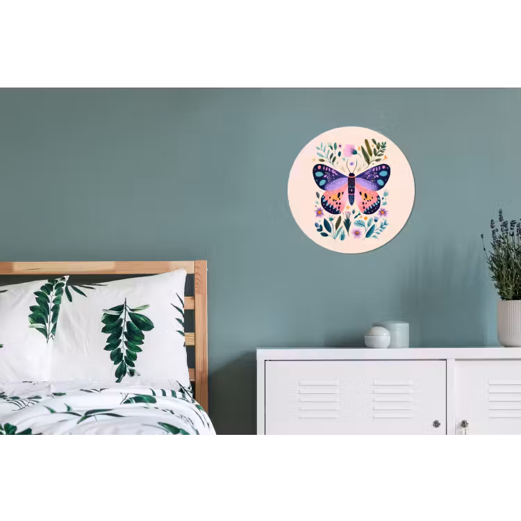 Bloemen - Bladeren - Vlinder - Kleurrijk Wandcirkel aluminium klein -slaapkamer