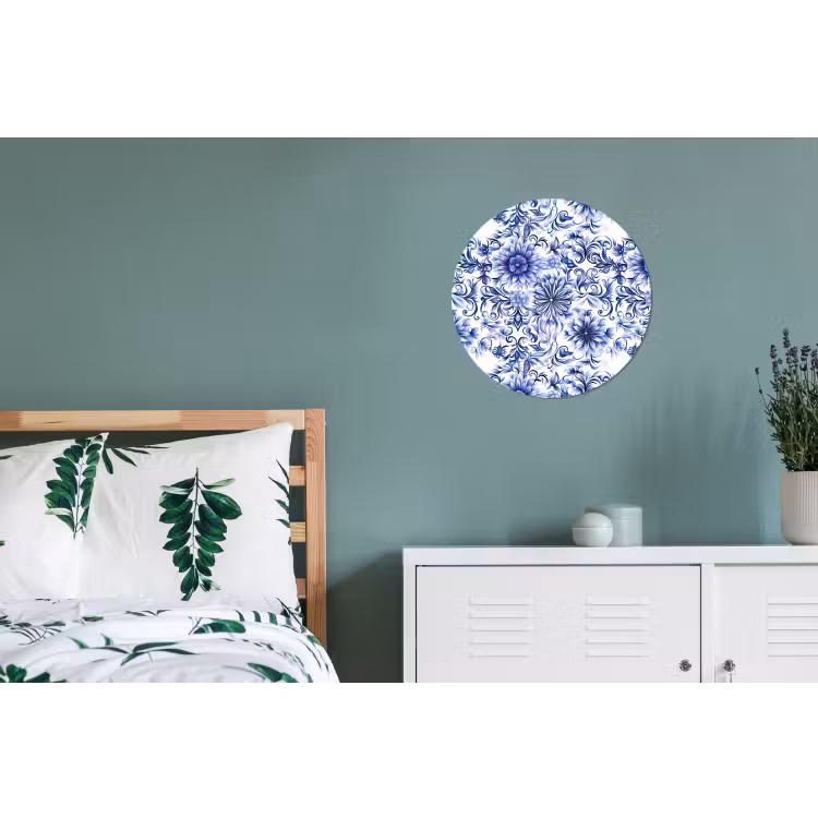 Bloemen - Blauw - Patroon - Wit Wandcirkel aluminium klein 190 -slaapkamer
