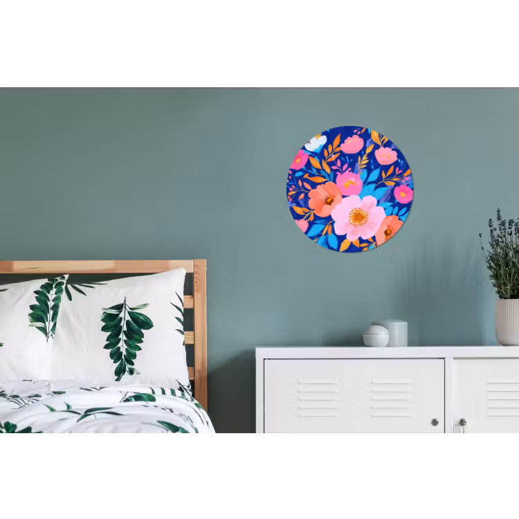 Bloemen - Blauw - Roze Wandcirkel aluminium klein -slaapkamer
