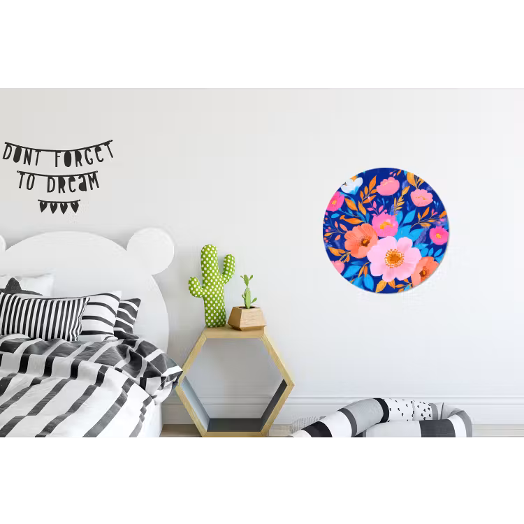 Bloemen - Blauw - Roze Wandcirkel aluminium klein -kinderkamer