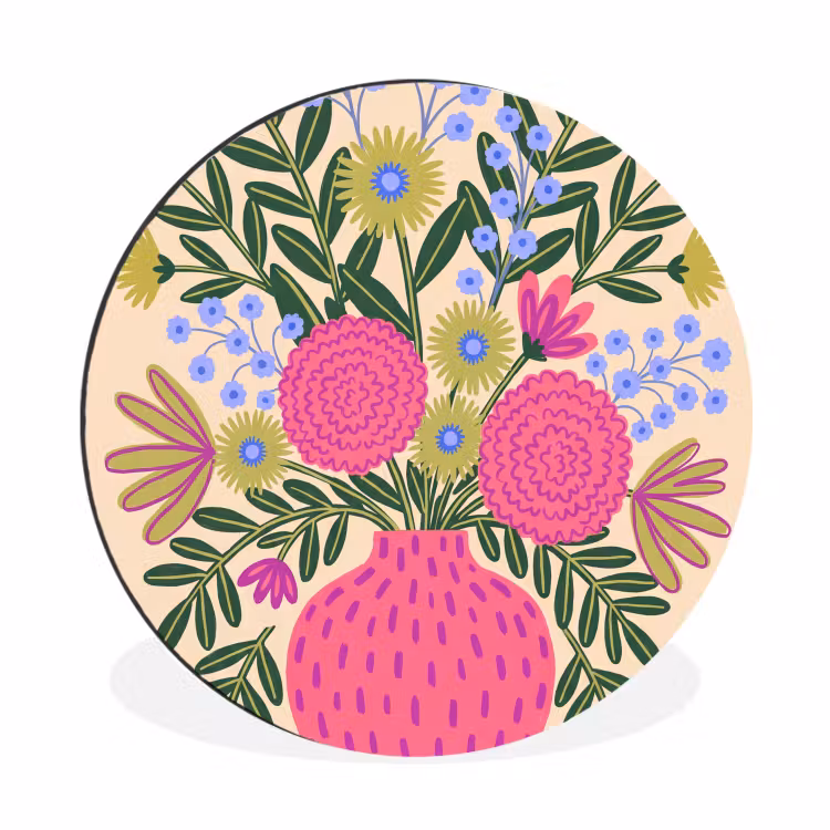 Bloemen - Boeket - Natuur - Abstract - Roze Wandcirkel aluminium klein -3d