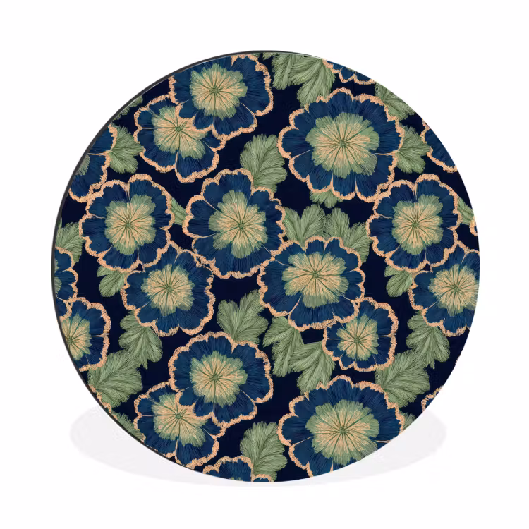 Bloemen - Borduurwerk - Patroon - Blauw - Groen Wandcirkel aluminium klein 190 -3d