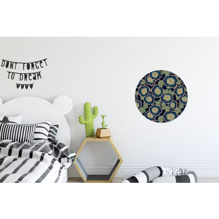 Bloemen - Borduurwerk - Patroon - Blauw - Groen Wandcirkel aluminium klein 190 -kinderkamer