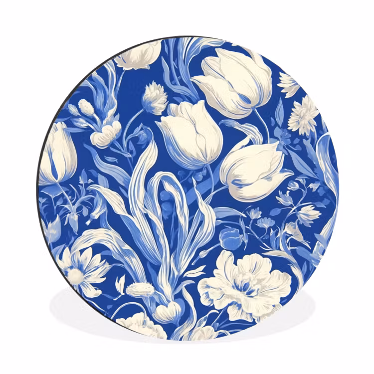 Bloemen - Delfts Blauw - Patroon - Tulp Wandcirkel aluminium klein -3d