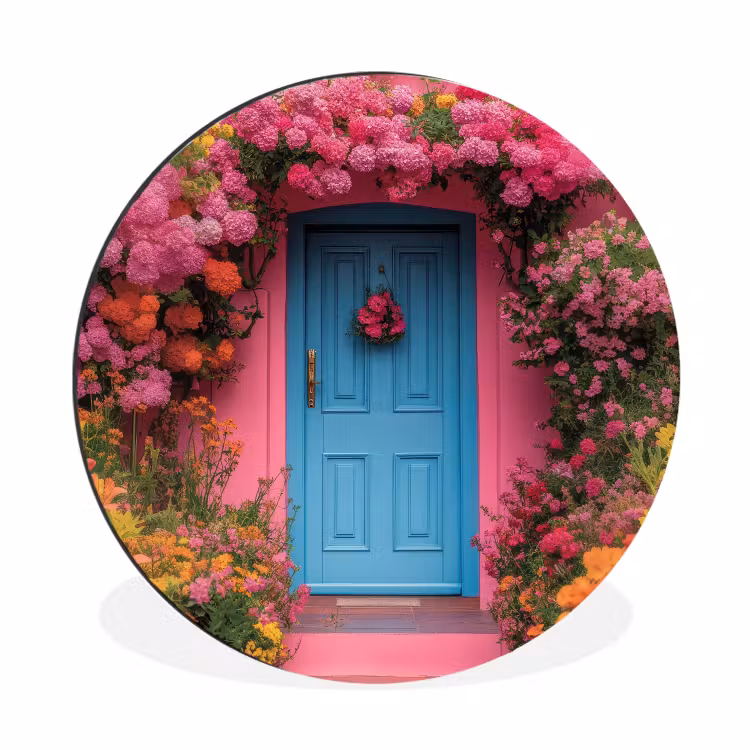 Bloemen - Deur - Roze Wandcirkel aluminium klein -3d