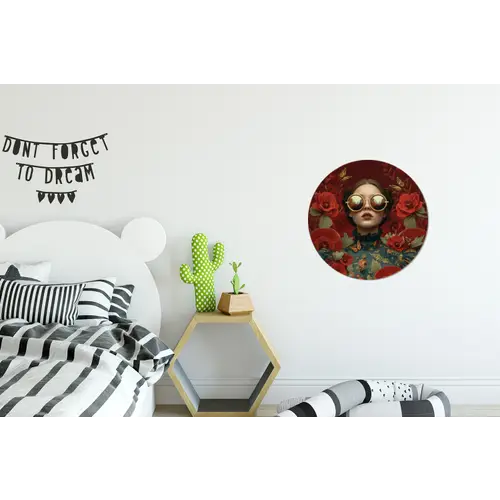 Bloemen - Dieprood - Zonnebril - Vrouw Wandcirkel aluminium klein -kinderkamer
