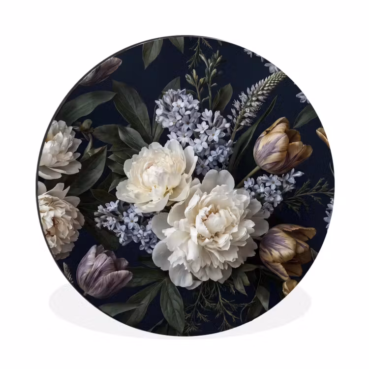 Bloemen - Donker - Elegant - Natuur - Wit Wandcirkel aluminium klein -3d