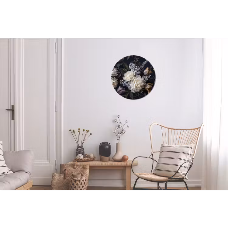 Bloemen - Donker - Elegant - Natuur - Wit Wandcirkel aluminium klein -woonkamer