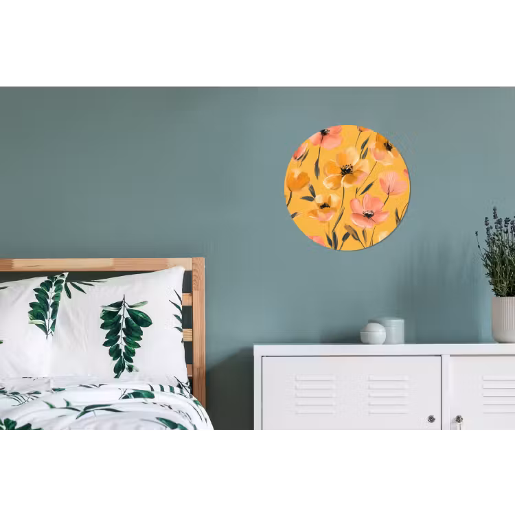 Bloemen - Geschilderd - Geel Wandcirkel aluminium klein -slaapkamer