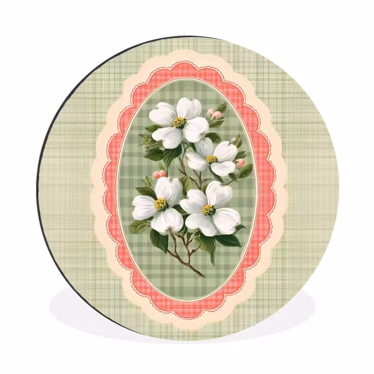 Bloemen - Illustratie - Geruit - Groen Wandcirkel aluminium klein -3d