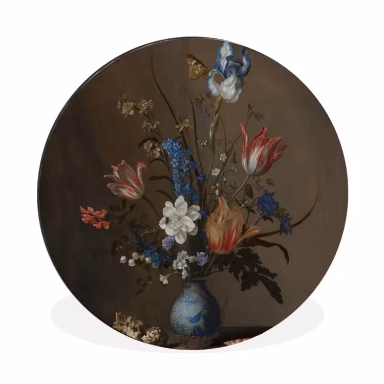 Bloemen in een Wan-Li vaas en schelpen - Schilderij van Balthasar van der Ast Wandcirkel aluminium klein -3d