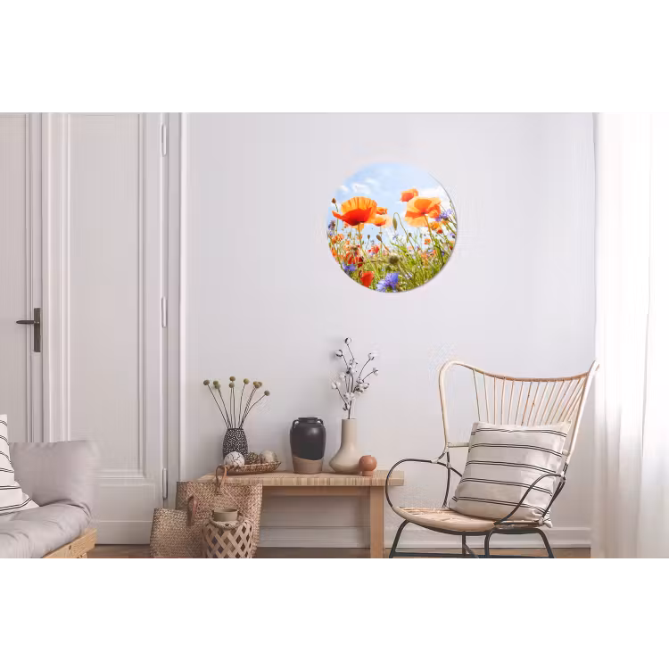 Bloemen - Klaproos - Lente - Natuur - Rood - Blauw Wandcirkel aluminium klein -woonkamer