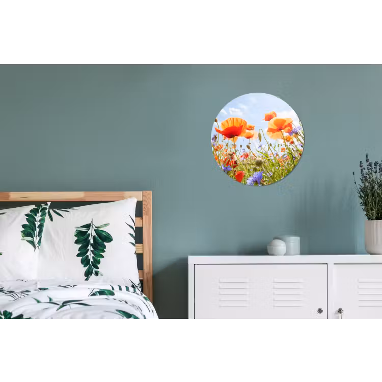 Bloemen - Klaproos - Lente - Natuur - Rood - Blauw Wandcirkel aluminium klein -slaapkamer