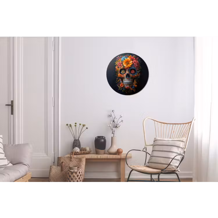 Bloemen - Kleurrijk - Schedel Wandcirkel aluminium klein -woonkamer