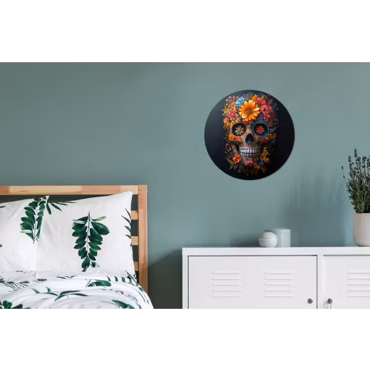 Bloemen - Kleurrijk - Schedel Wandcirkel aluminium klein -slaapkamer