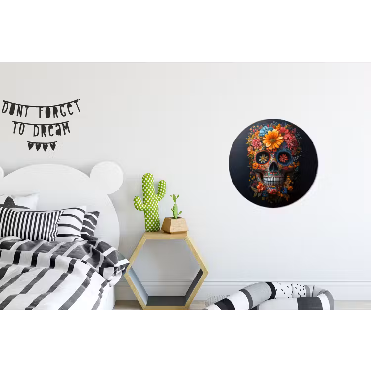 Bloemen - Kleurrijk - Schedel Wandcirkel aluminium klein -kinderkamer