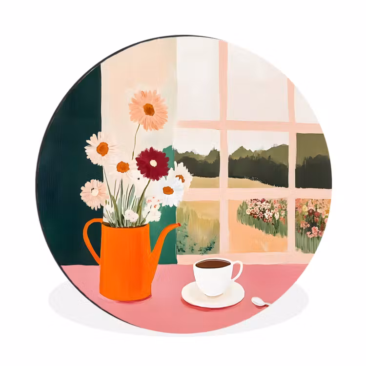 Bloemen - Koffie - Raam Wandcirkel aluminium klein -3d
