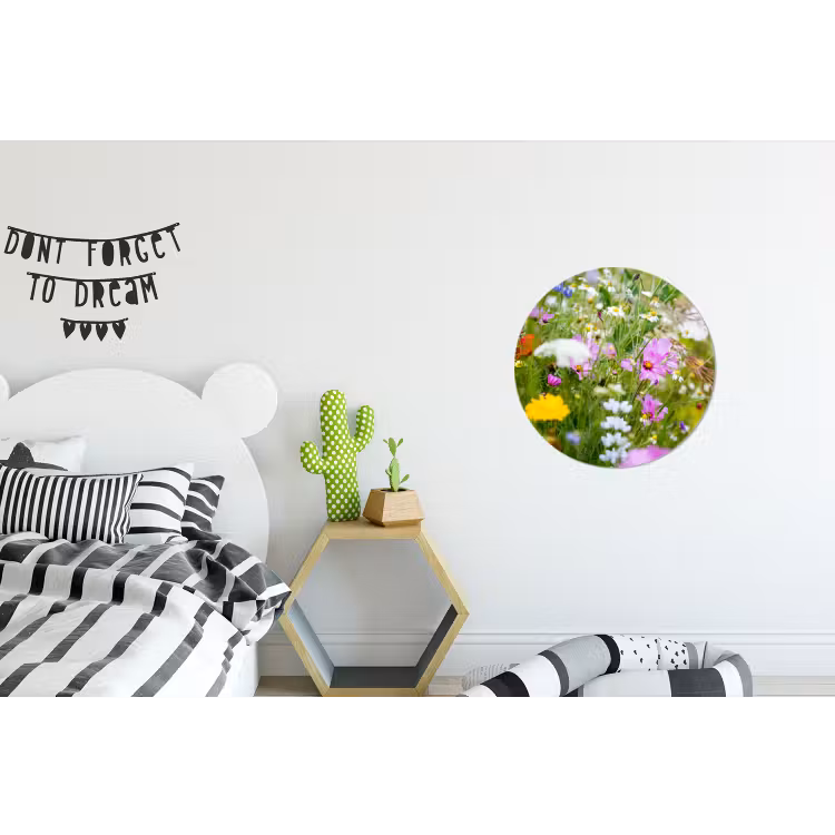 Bloemen - Natuur - Groen - Gras - Paars - Wit Wandcirkel aluminium klein -kinderkamer