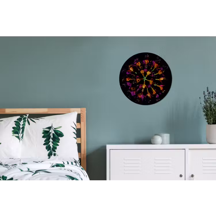 Bloemen - Oranje - Roze - Zwart Wandcirkel aluminium klein -slaapkamer