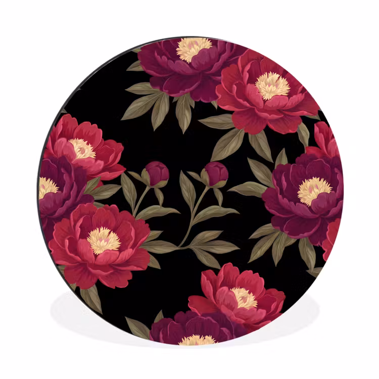 Bloemen - Patroon - Botanisch - Rood - Zwart Wandcirkel aluminium klein -3d