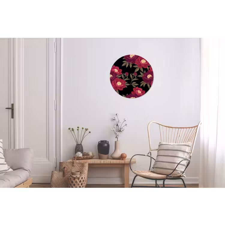 Bloemen - Patroon - Botanisch - Rood - Zwart Wandcirkel aluminium klein -woonkamer