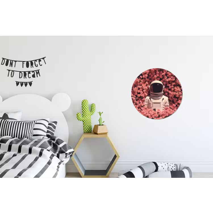 Bloemen - Roze - Astronaut Wandcirkel aluminium klein -kinderkamer
