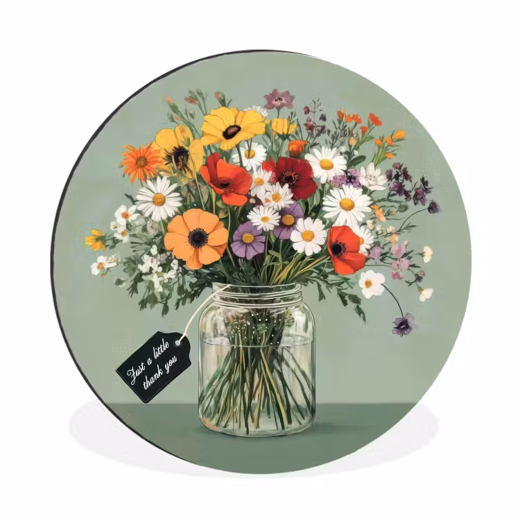 Bloemen - Vaas - Kaartje Wandcirkel aluminium klein -3d