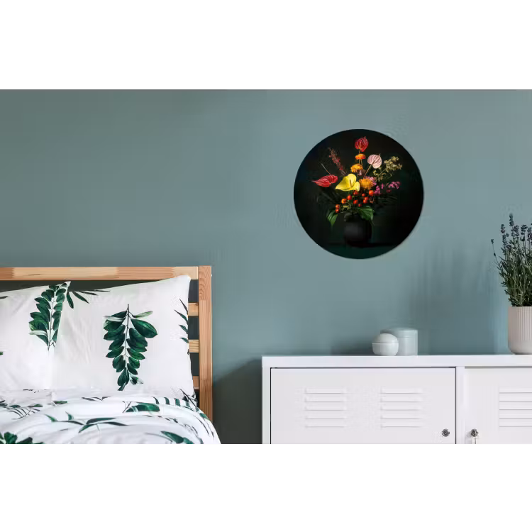 Bloemen - Vaas - Zwart Wandcirkel aluminium klein -slaapkamer