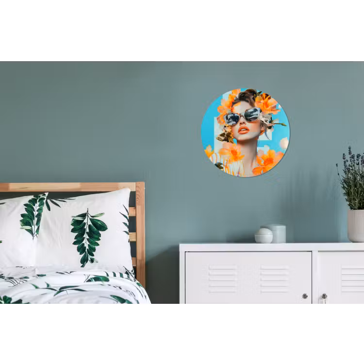 Bloemen - Vrouw - Zonnebril - Blauw Wandcirkel aluminium klein -slaapkamer