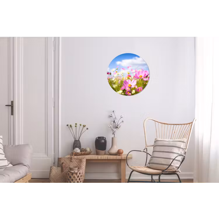 Bloemen - Wei - Paars - Gras - Wit - Wolken - Blauw Wandcirkel aluminium klein -woonkamer