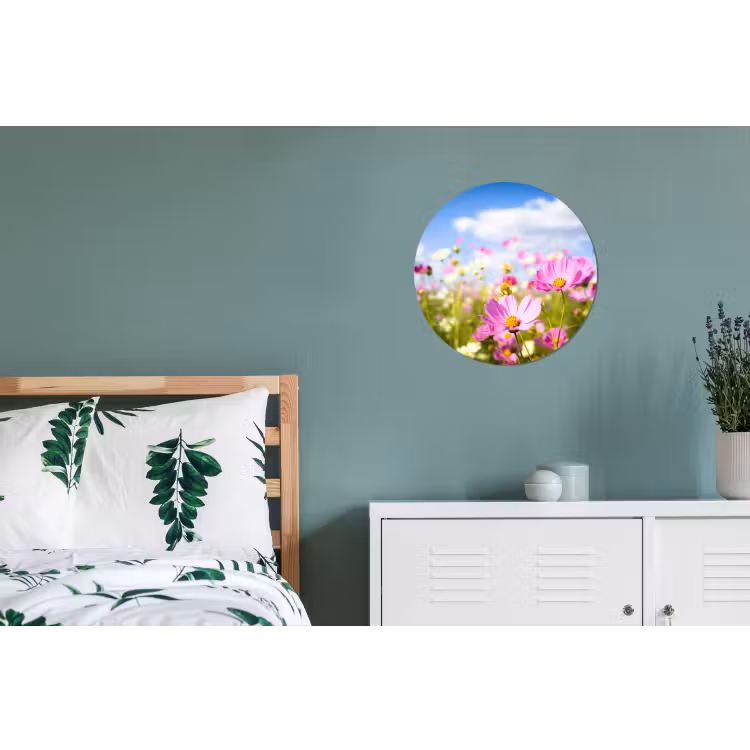Bloemen - Wei - Paars - Gras - Wit - Wolken - Blauw Wandcirkel aluminium klein -slaapkamer