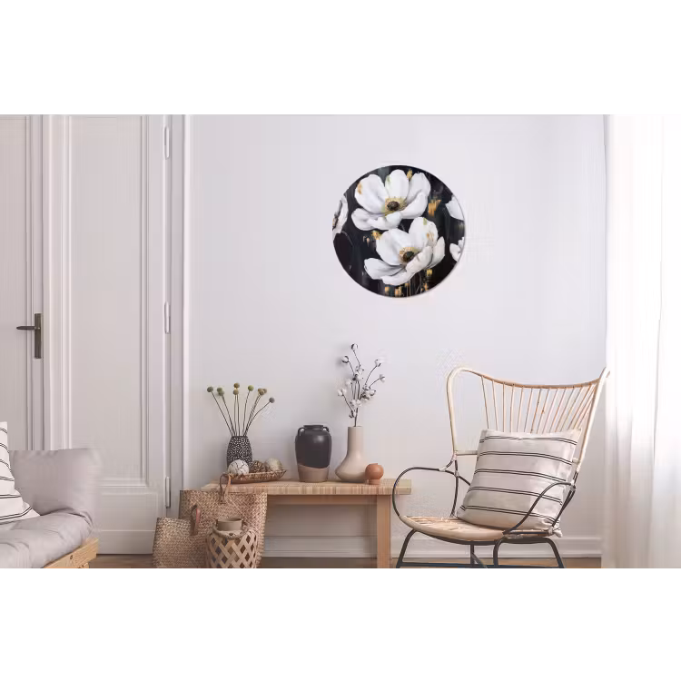 Bloemen - Wit - Abstract Wandcirkel aluminium klein -woonkamer