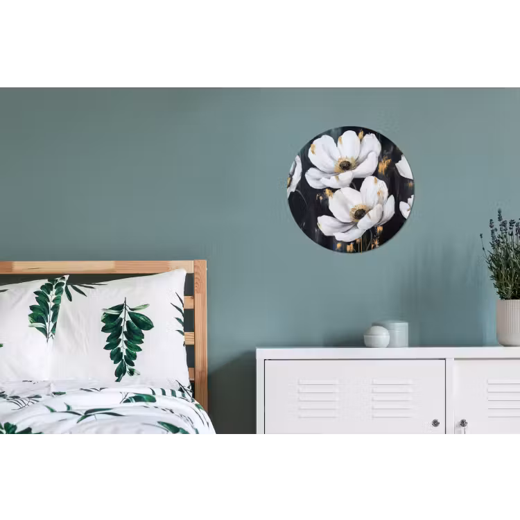 Bloemen - Wit - Abstract Wandcirkel aluminium klein -slaapkamer
