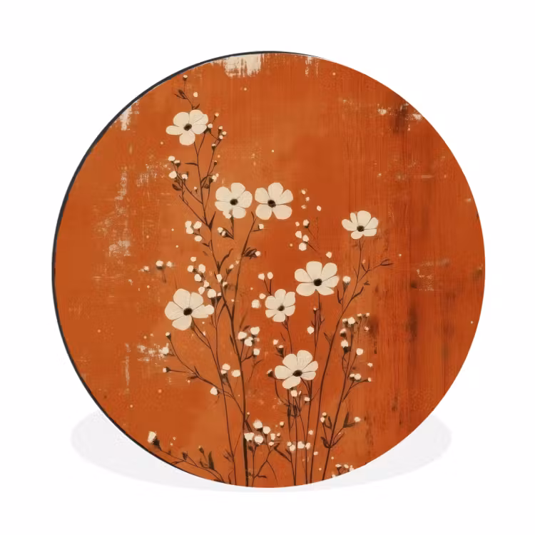 Bloemen - Wit - Subtiel - Roestkleur Wandcirkel aluminium klein -3d