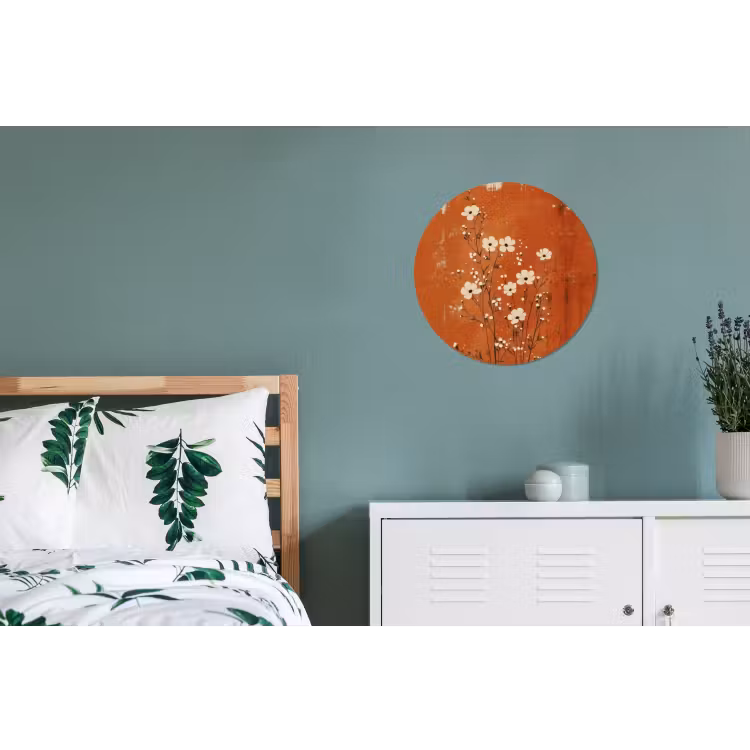 Bloemen - Wit - Subtiel - Roestkleur Wandcirkel aluminium klein -slaapkamer