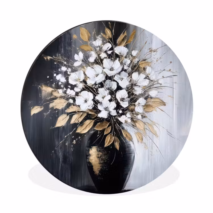 Bloemen - Wit - Vaas - Abstract Wandcirkel aluminium klein -3d