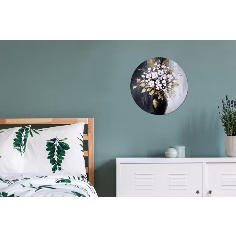 Bloemen - Wit - Vaas - Abstract Wandcirkel aluminium klein -slaapkamer