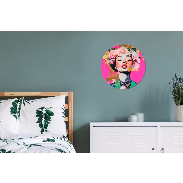 Bloemenkroon - Goud - Vrouw - Portret Wandcirkel aluminium klein -slaapkamer