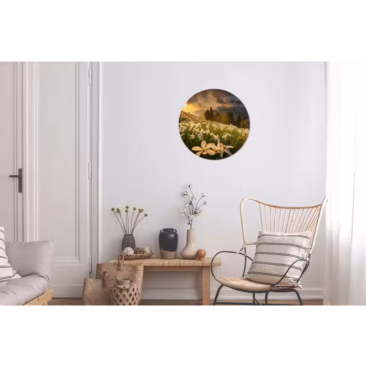 Bloemenveld - Heuvels - Zonsondergang - Berg - Natuur - Wit Wandcirkel aluminium klein -woonkamer