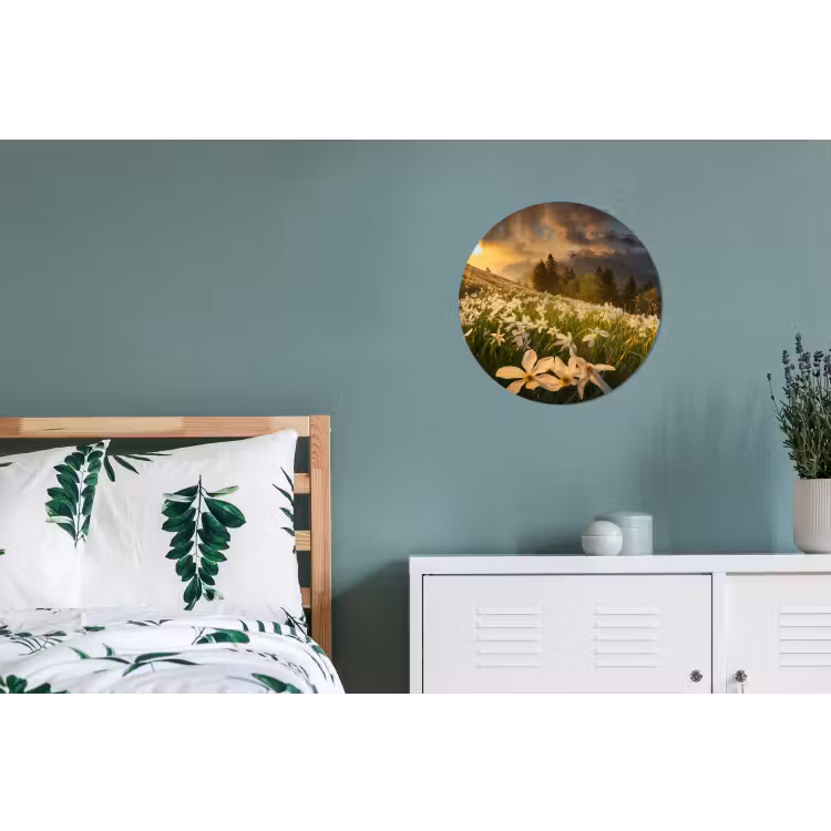 Bloemenveld - Heuvels - Zonsondergang - Berg - Natuur - Wit Wandcirkel aluminium klein -slaapkamer