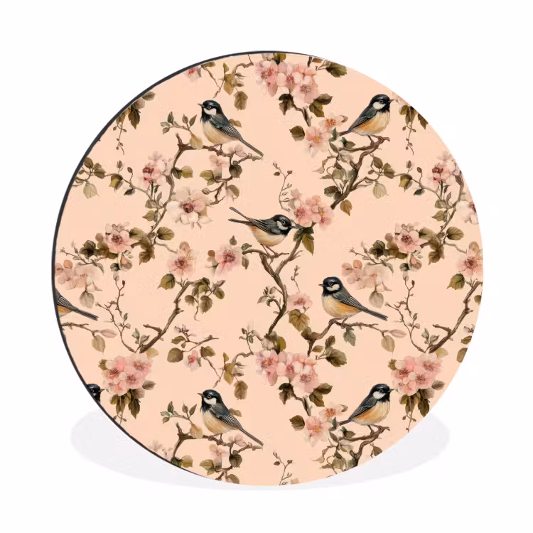 Bloesem - Koolmees - Roze Wandcirkel aluminium klein 190 -3d
