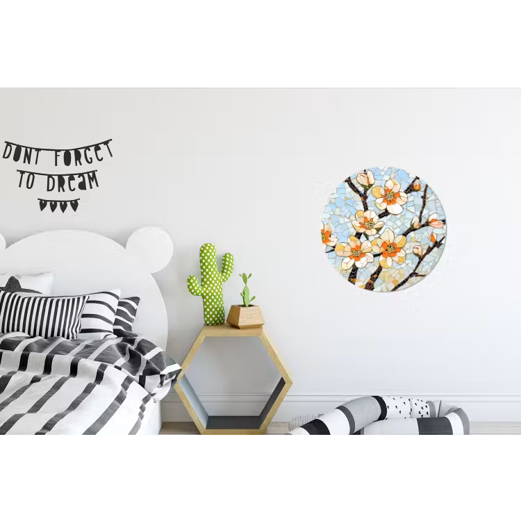 Bloesems - Wit - Mozaïek - Tak Wandcirkel aluminium klein -kinderkamer