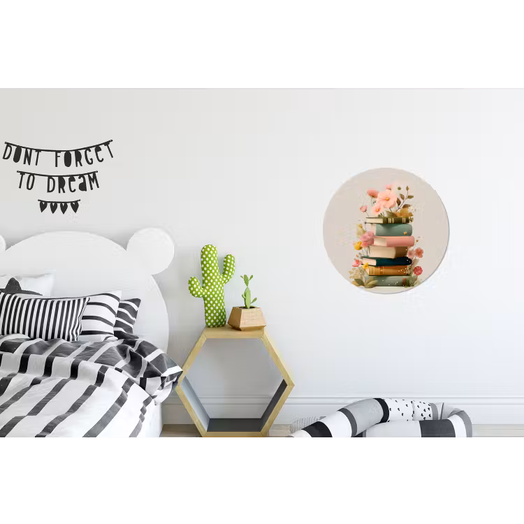 Boeken - Stapel - Bloemen - Kleurrijk Wandcirkel aluminium klein -kinderkamer