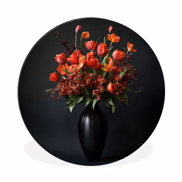 Boeket - Tulpen - Vaas - Rood Wandcirkel aluminium klein -3d