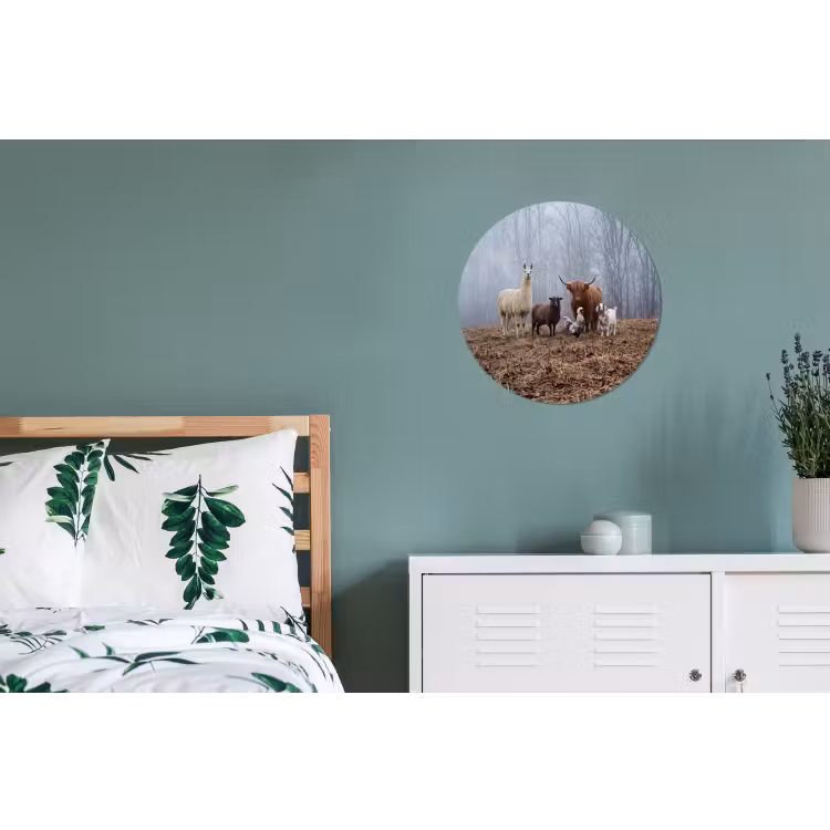 Boerderijdieren - Groep - Mist - Natuur - Rustiek Wandcirkel aluminium klein -slaapkamer