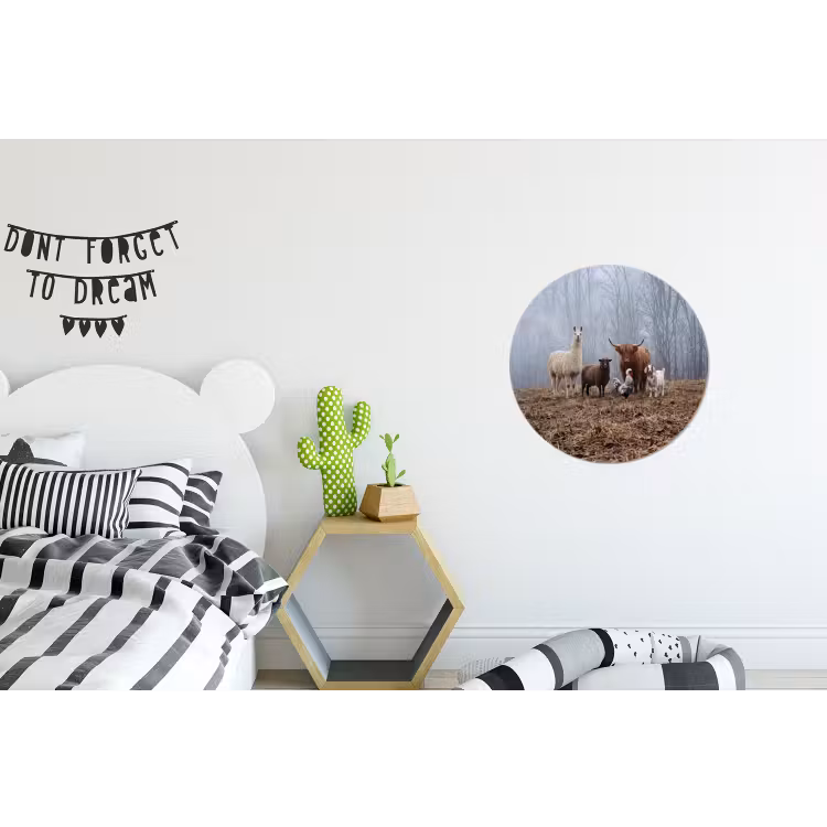 Boerderijdieren - Groep - Mist - Natuur - Rustiek Wandcirkel aluminium klein -kinderkamer