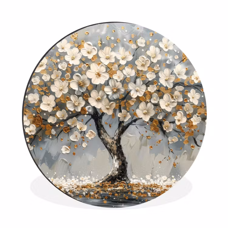 Boom - Bloemen - Wit - Natuur - Kunst Wandcirkel aluminium klein -3d