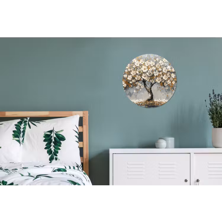 Boom - Bloemen - Wit - Natuur - Kunst Wandcirkel aluminium klein -slaapkamer